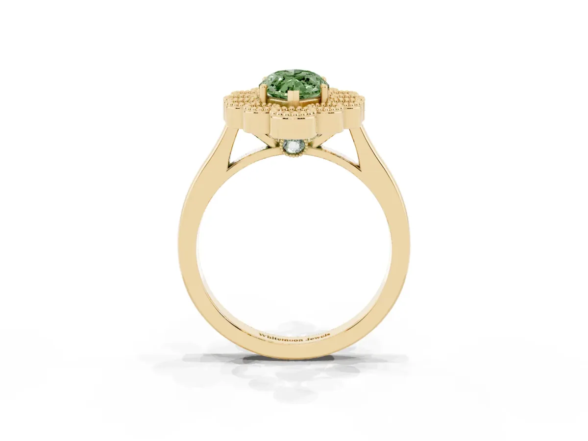 Fancy Green Marquise Cut Halo Diamond Cluster Engagement Ring with Milgrain Bezel Setting and Solitaire Band Yellow gold