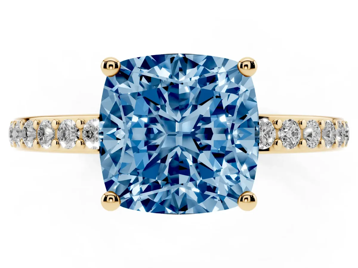 Fancy Blue Cushion Cut Cut Diamond Pavé Band Ring with Four-Prong Setting Yellow gold