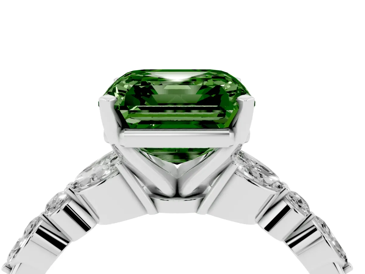Fancy Green Asscher Cut Diamond Solitaire Ring with Side Stones and Four-Prong Setting Silver
