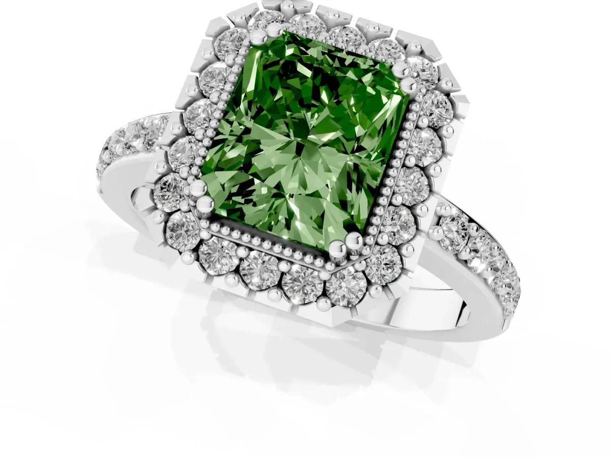 Fancy Green Radiant Cut Diamond Halo Ring with Pavé Band and Prong Setting Platinum