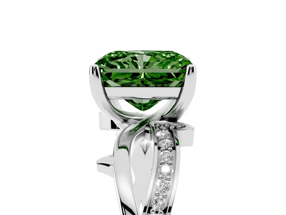 Fancy Green Radiant Cut Solitaire Twist Band with Pavé Accents and Four-Prong Setting White gold