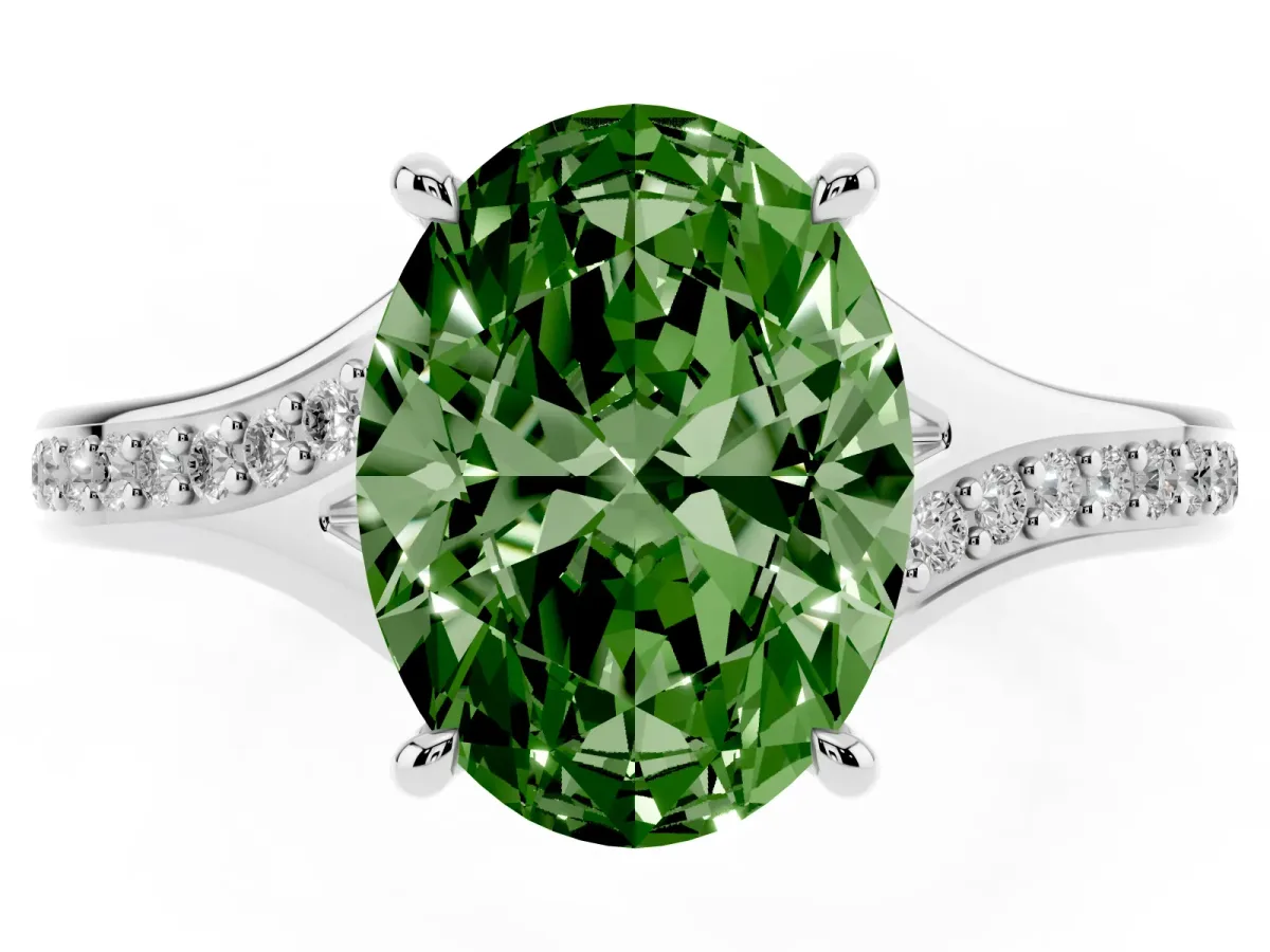 Fancy Green Oval Cut Diamond Solitaire Ring with Pavé Band and Prong Setting Silver
