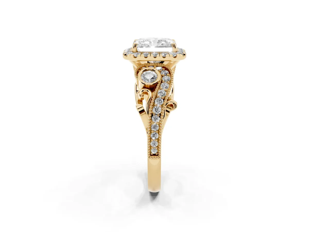 Radiant Cut Halo Diamond Ring with Milgrain and Bezel Accents on a Split Shank Band Yellow gold