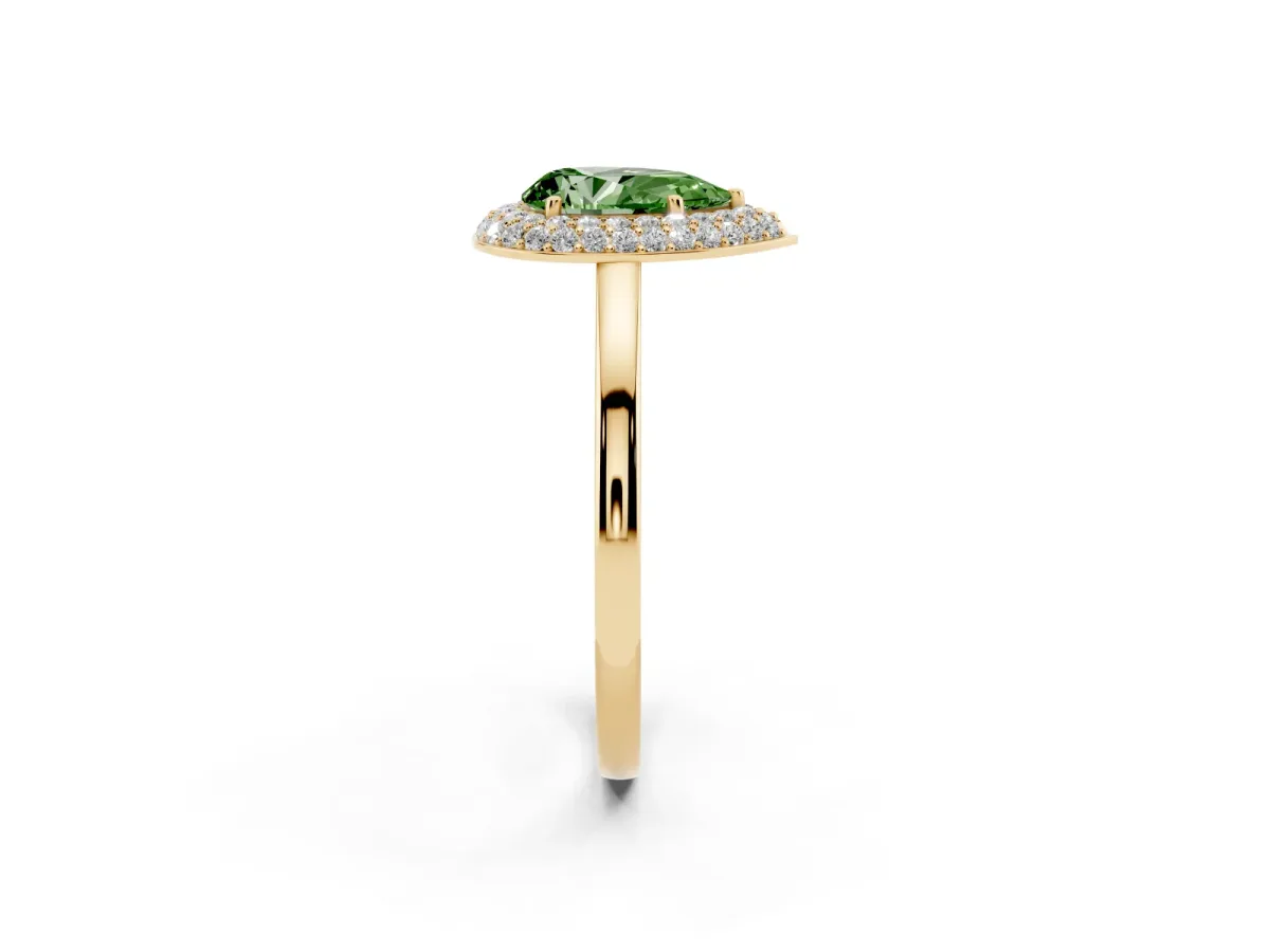 Fancy Green Pear Cut Halo Diamond Engagement Ring with Solitaire Band and Four-Prong Setting Yellow gold