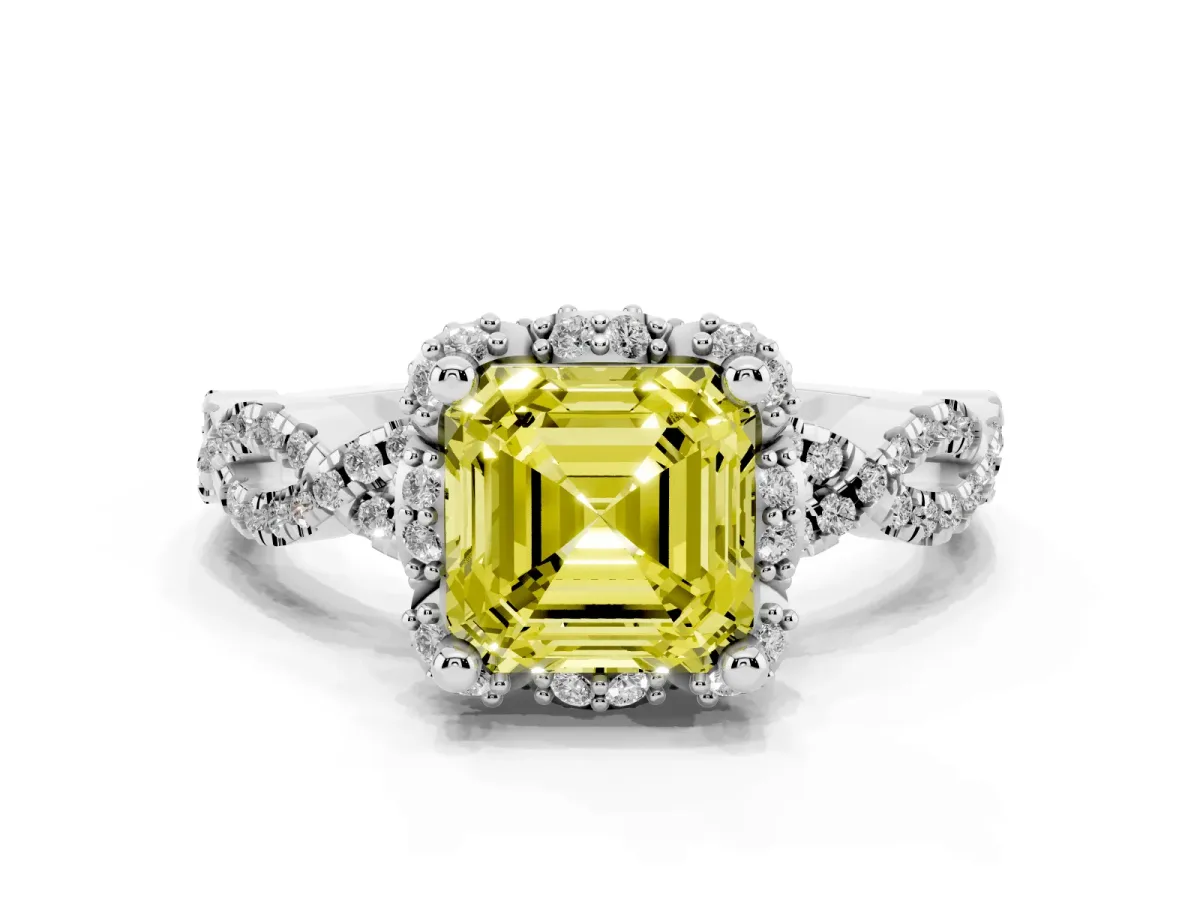 Fancy Yellow Asscher Cut Halo Twist Band Solitaire Ring with Six-Prong Setting Silver