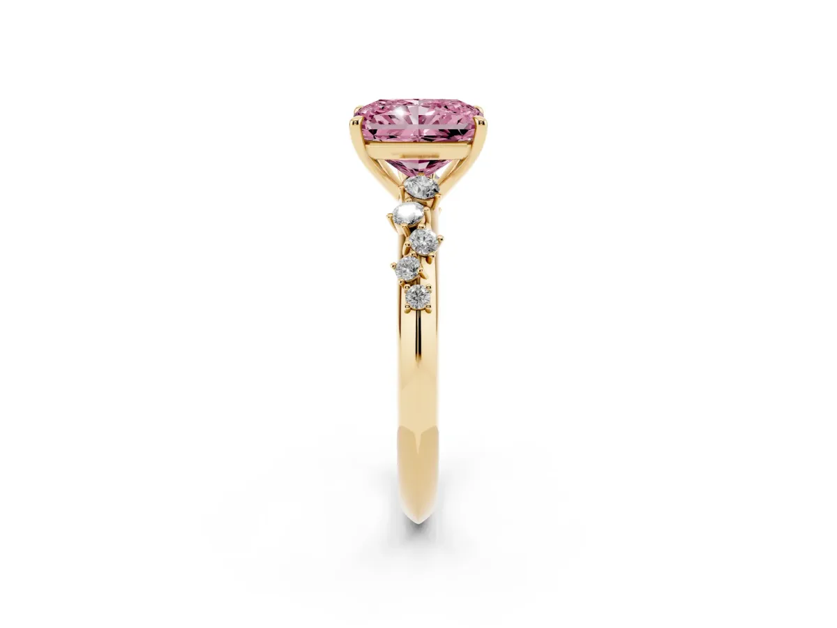 Fancy Pink Radiant Cut Diamond Cluster Side Stone Solitaire Ring with Prong Setting Yellow gold