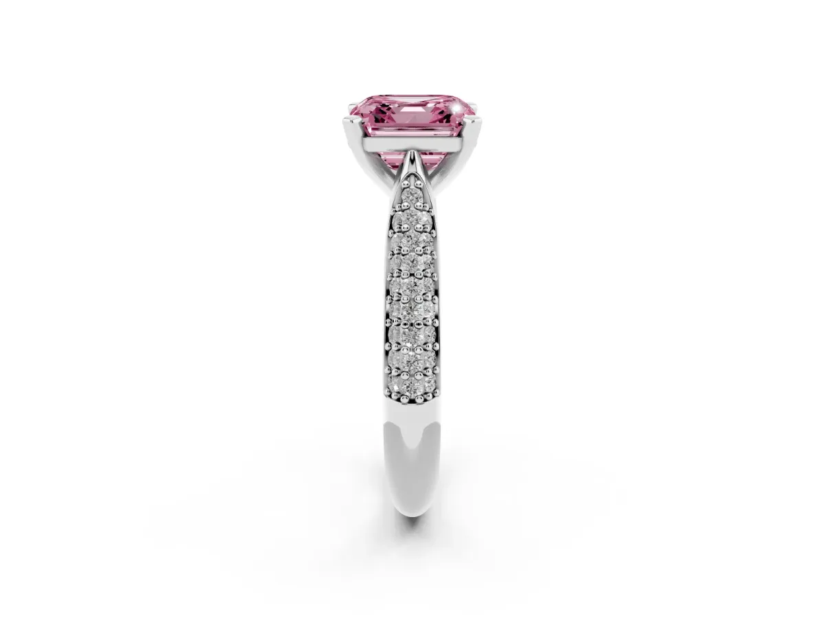 Fancy Pink Asscher Cut Diamond Solitaire Engagement Ring with Multi-Row Round Pavé Band and Prong Setting Platinum