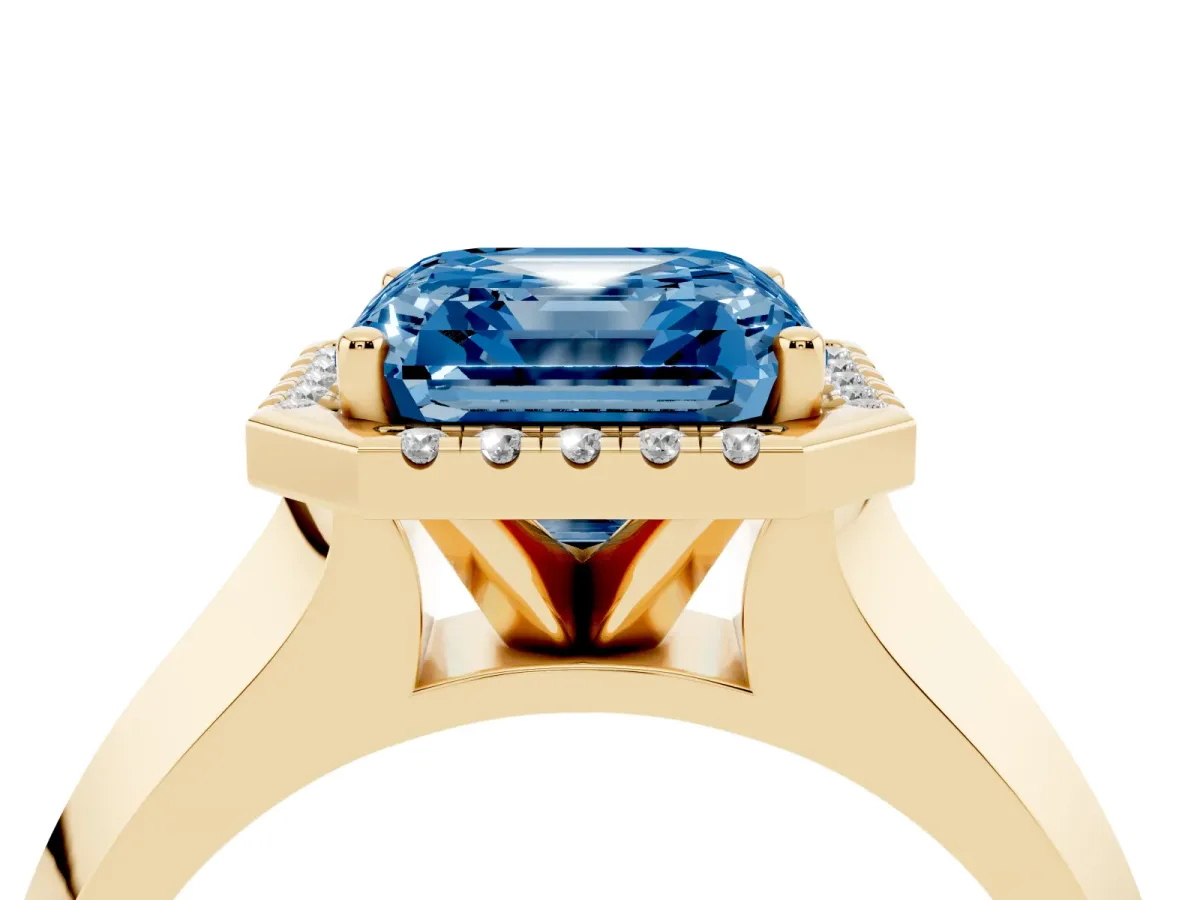 Fancy Blue Asscher Cut Halo Diamond Ring with Cathedral Band and Four-Prong Setting Yellow gold