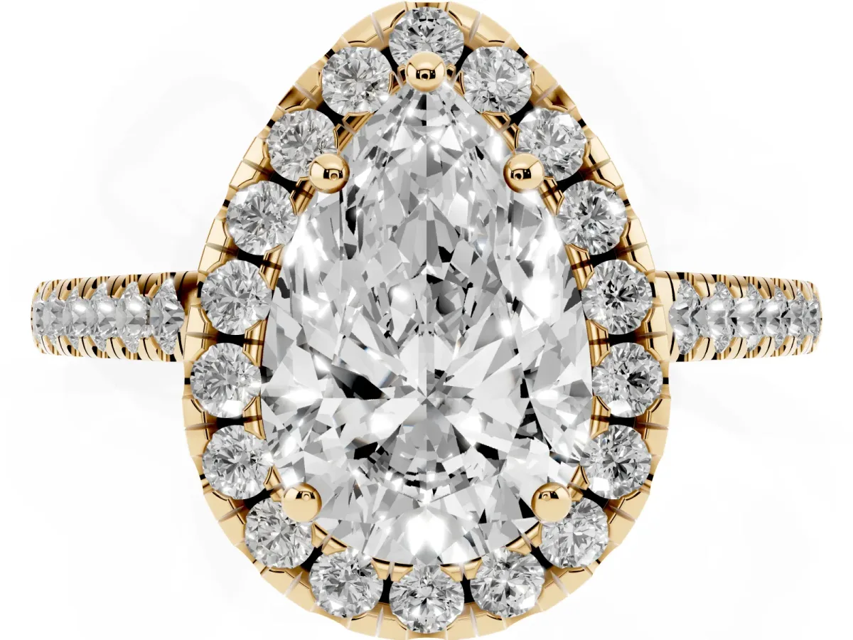 Pear Cut Halo Pavé Diamond Engagement Ring with Four-Prong Setting Yellow gold
