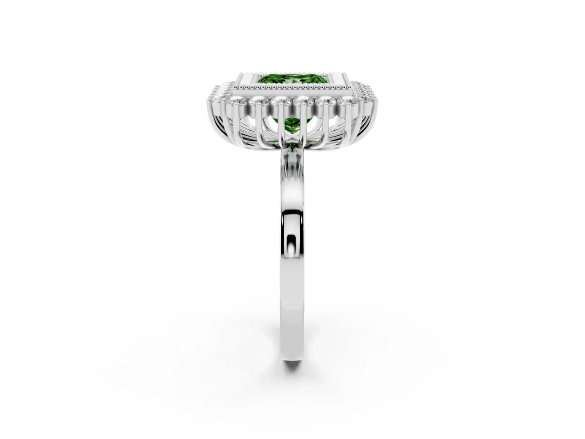 Fancy Green Princess Cut Halo Diamond Ring with Milgrain Edge and Round Prong Setting Silver