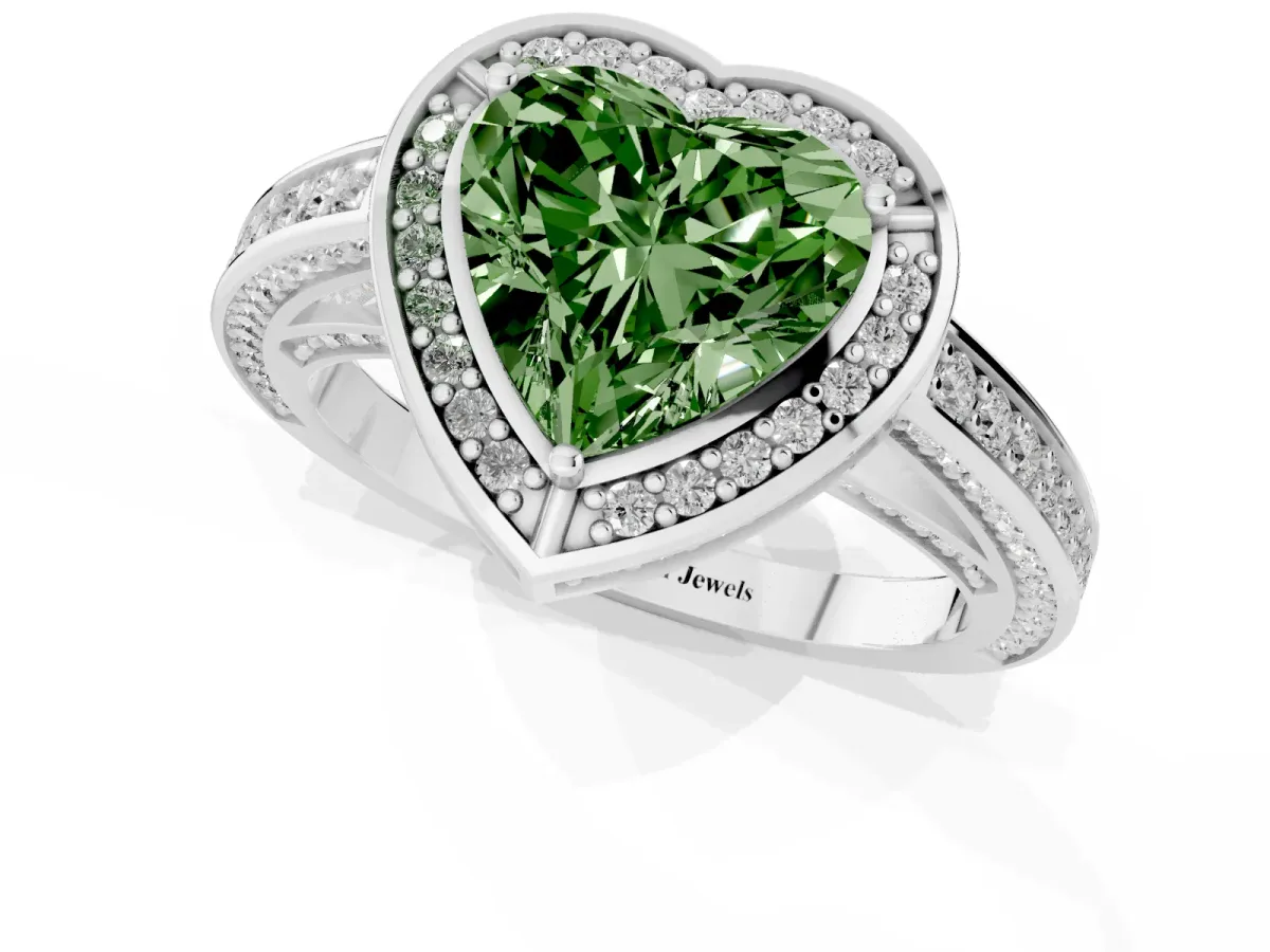 Fancy Green Heart Cut Cut Halo Pave Split Shank Prong Setting Ring White gold