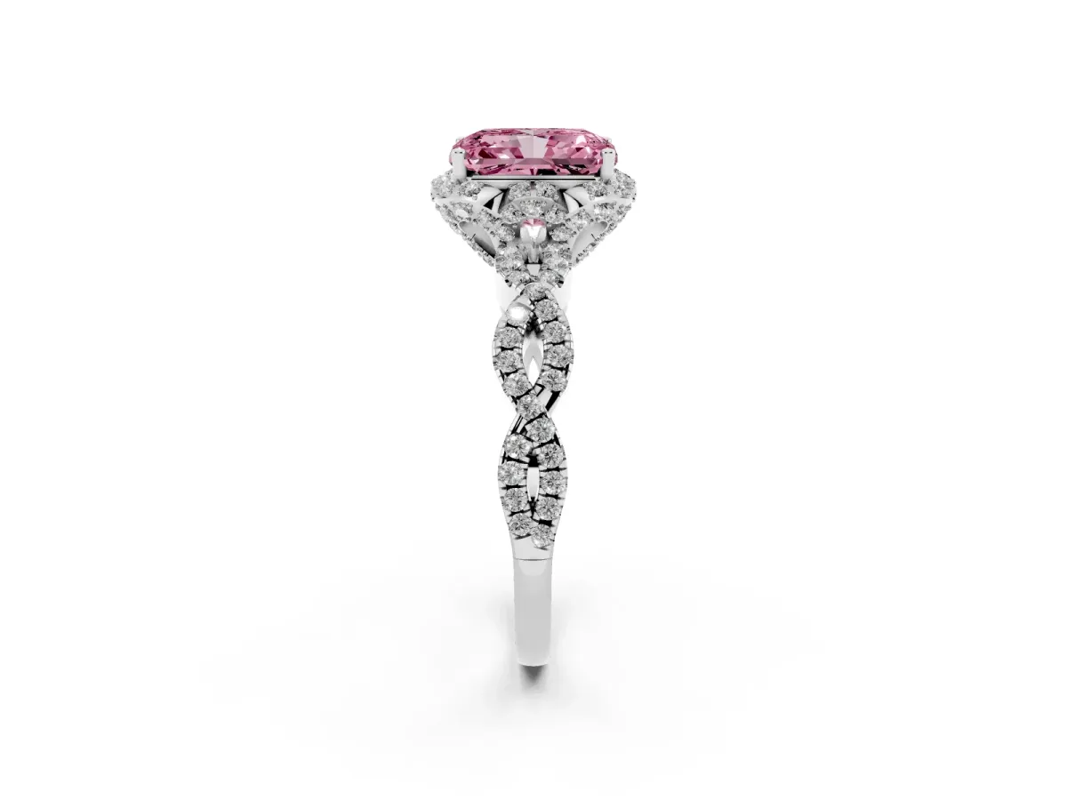 Fancy Pink Radiant Cut Halo Twist Band Solitaire Ring with Six-Prong Setting White gold