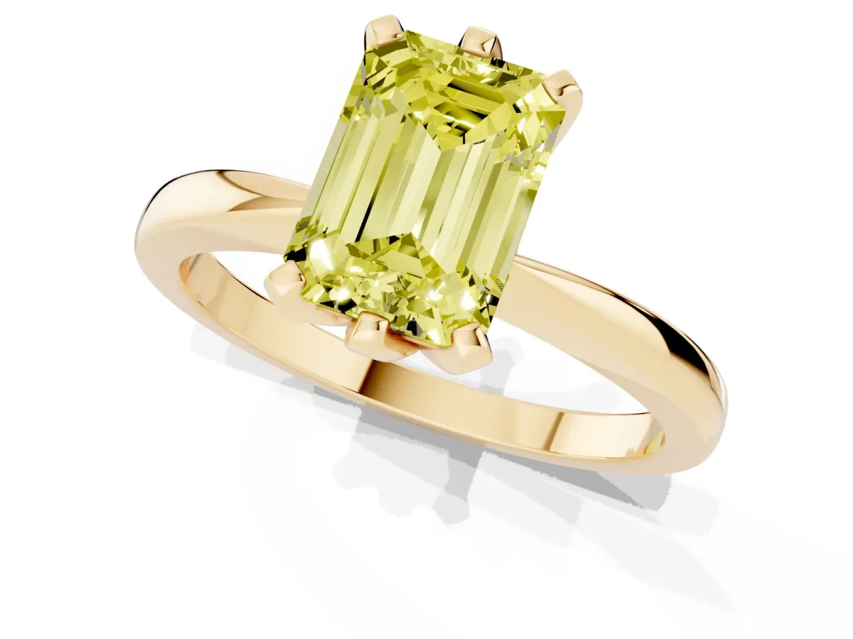 Fancy Yellow Emerald Cut Solitaire Engagement Ring with Six-Prong Setting and Tapered Band Yellow gold
