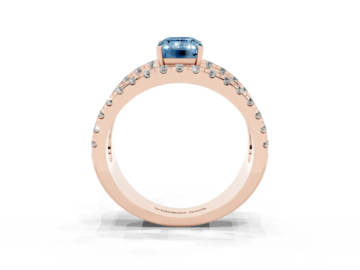 Fancy Blue Emerald Cut Solitaire Split Shank Pave Diamond Ring Rose gold