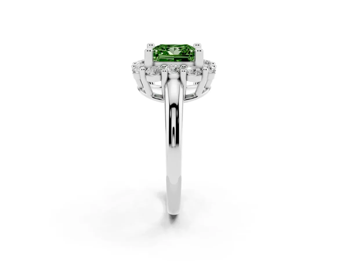 Fancy Green Princess Cut Halo Cluster Diamond Engagement Ring with Prong Setting and Polished Band Platinum