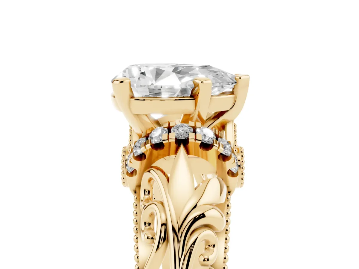 Pear Cut Solitaire Filigree Engagement Ring with Halo and Prong Setting Yellow gold