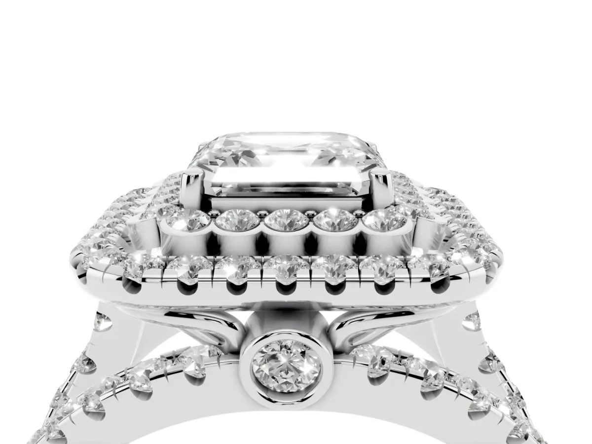 Asscher Cut Diamond Double Halo Ring with Round Pavé Split Shank and Prong Setting Silver