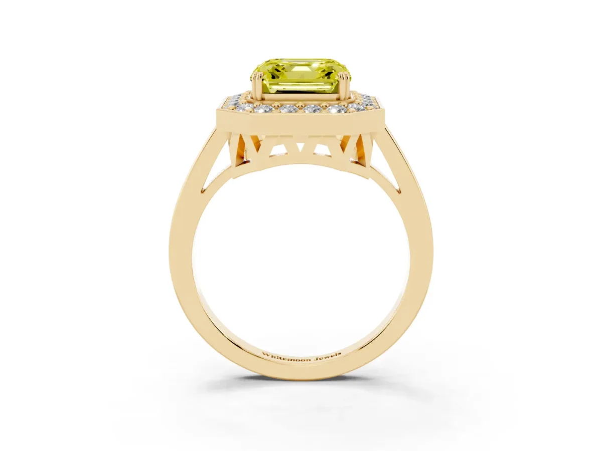 Fancy Yellow Asscher Cut Diamond Halo Ring with Split Shank and Four-Prong Setting Yellow gold