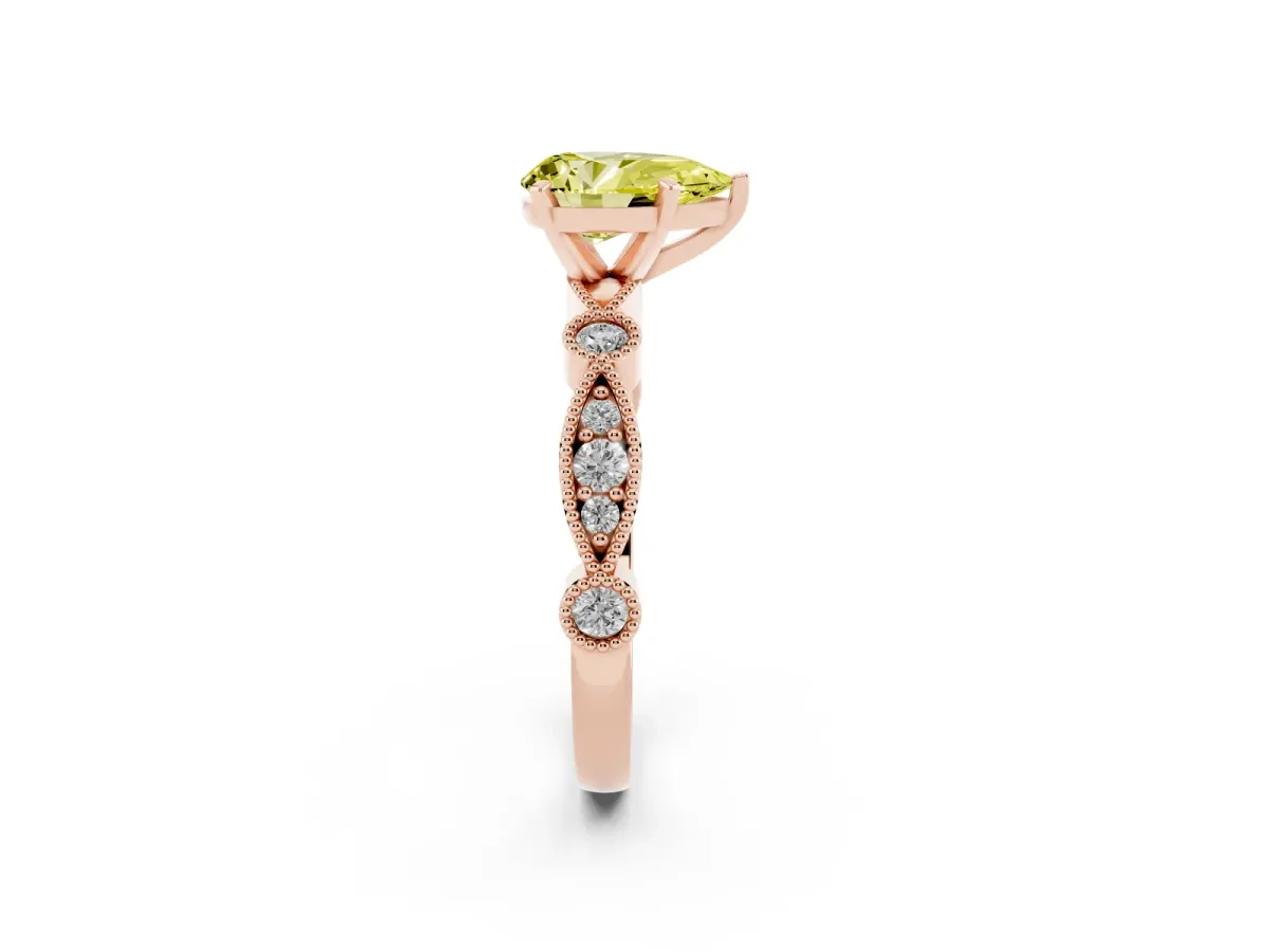 Fancy Yellow Pear Cut Milgrain Bezel Diamond Engagement Ring with Solitaire Prong Setting Rose gold