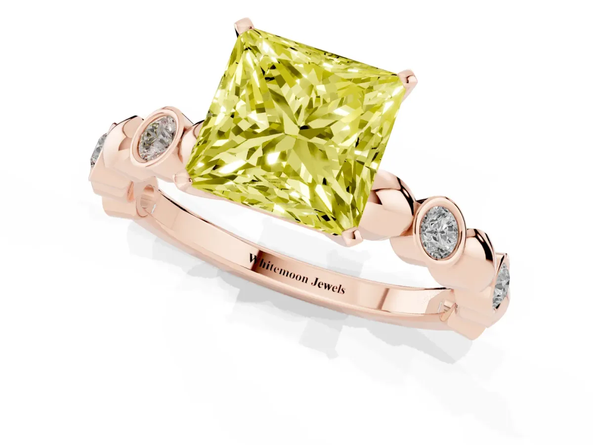 Fancy Yellow Princess Cut Solitaire Bezel-Set Diamond Ring with Beaded Band and Four-Prong Setting Rose gold
