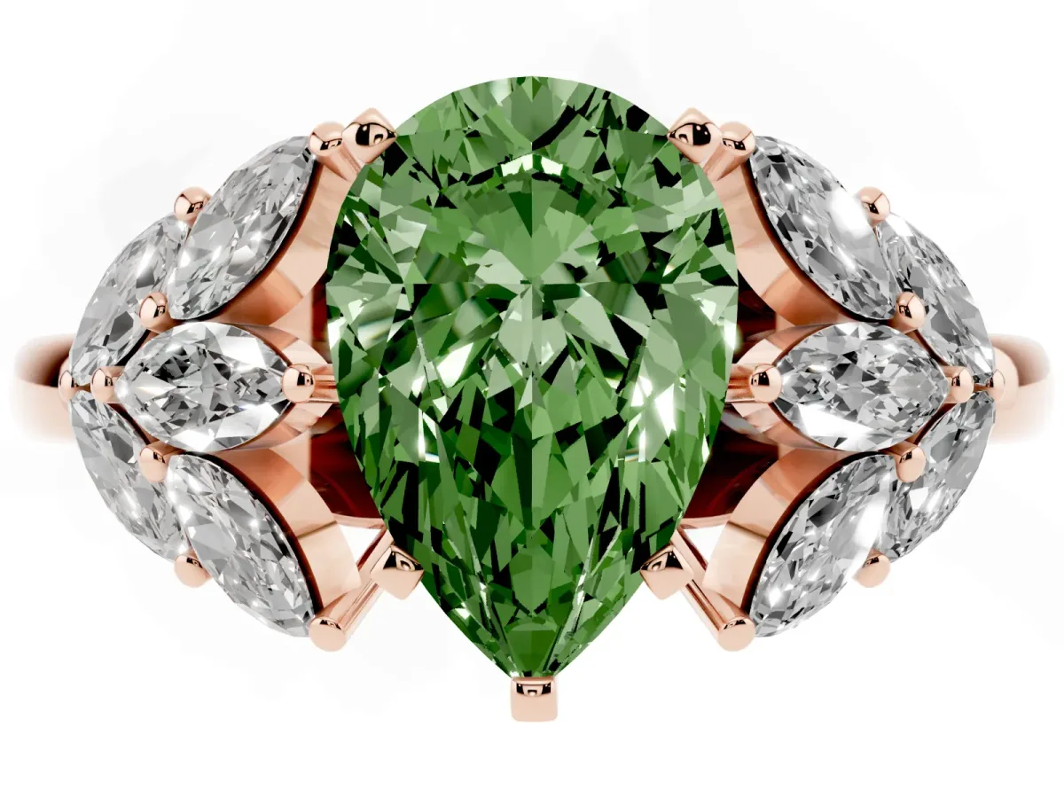 Fancy Green Pear Cut Diamond Cluster Leaf Design Ring with Prong Setting Rose gold