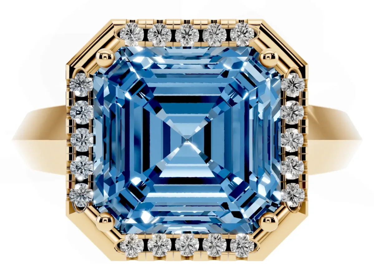 Fancy Blue Asscher Cut Halo Diamond Ring with Cathedral Band and Four-Prong Setting Yellow gold