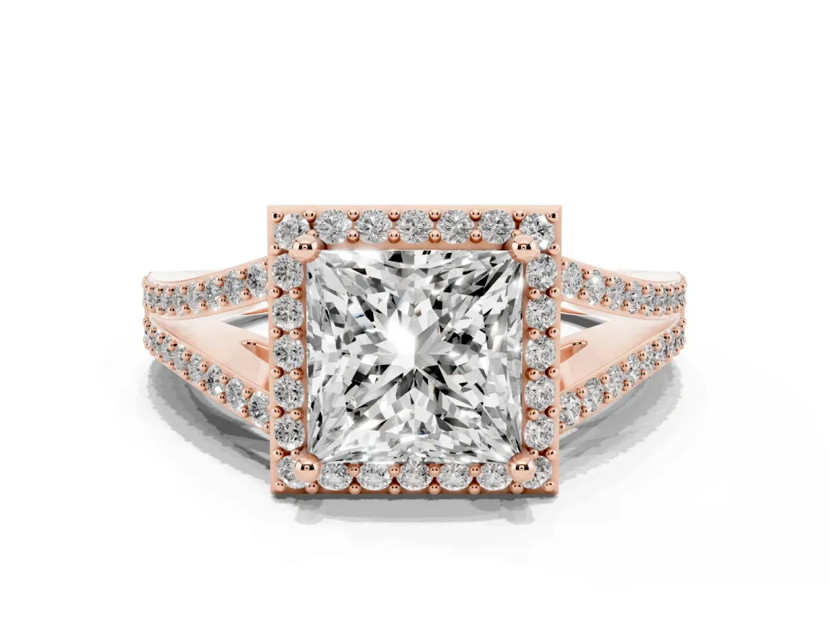 Princess Cut Halo Split Shank Diamond Ring with Prong Setting Rose gold