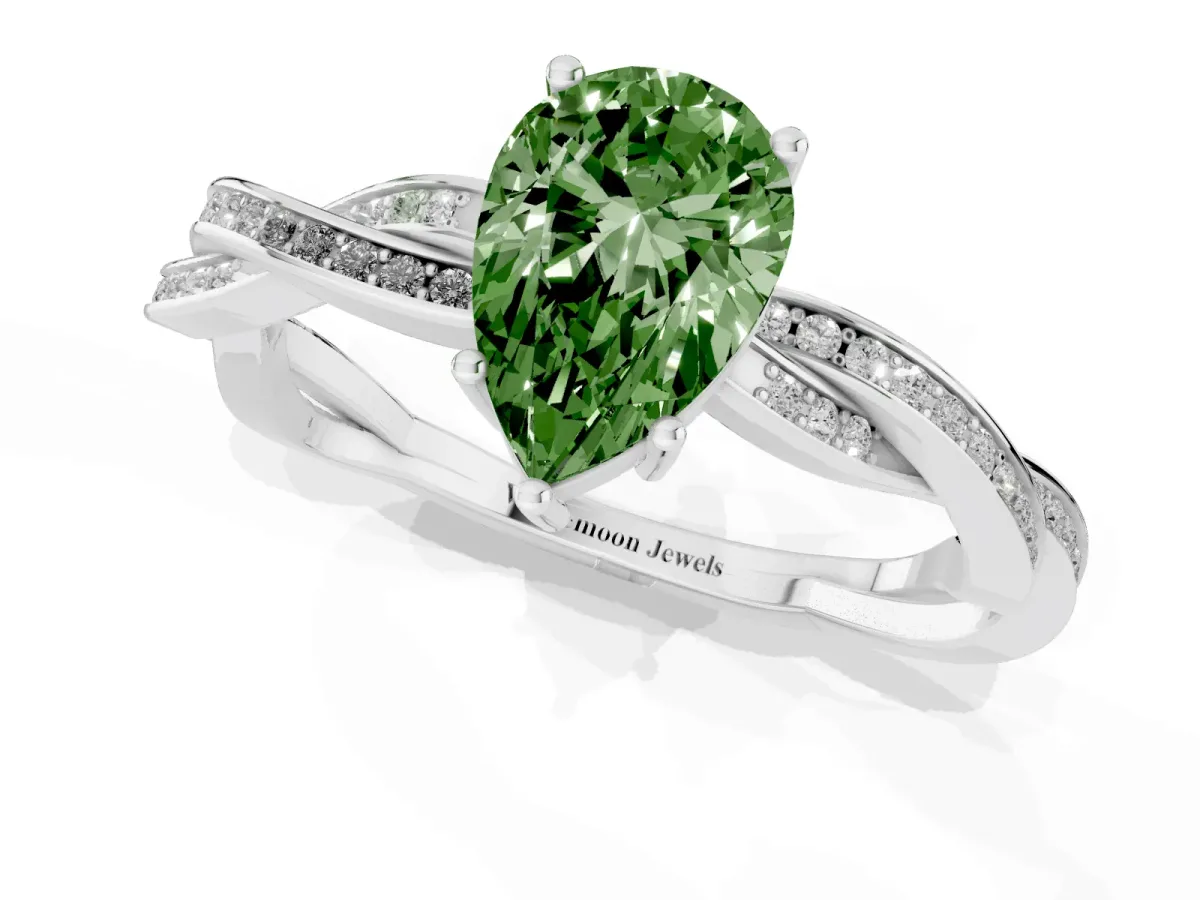 Fancy Green Pear Cut Solitaire Twisted Pave Diamond Ring with Four-Prong Setting Silver