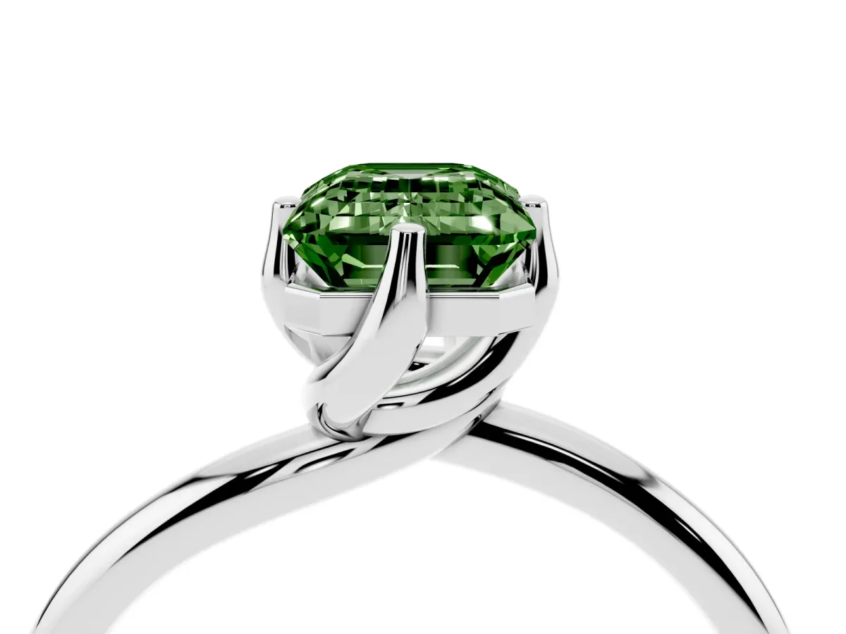 Fancy Green Emerald Cut Diamond Solitaire Engagement Ring with Four-Prong Setting and Classic Band Platinum