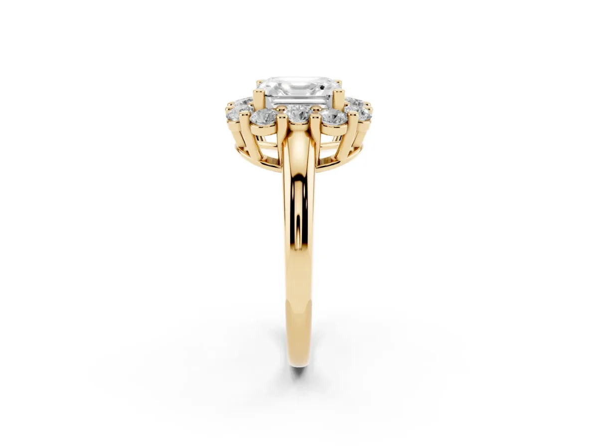 Asscher Cut Halo Cluster Diamond Engagement Ring with Prong Setting and Polished Band Yellow gold