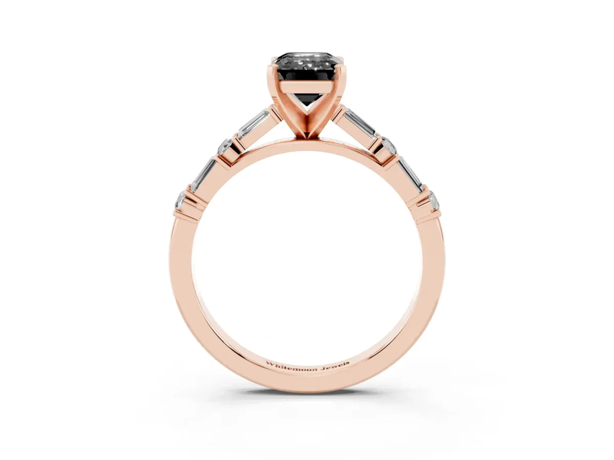 Fancy Black Emerald Cut Diamond Solitaire with Side Baguettes and Channel Set Band Rose gold