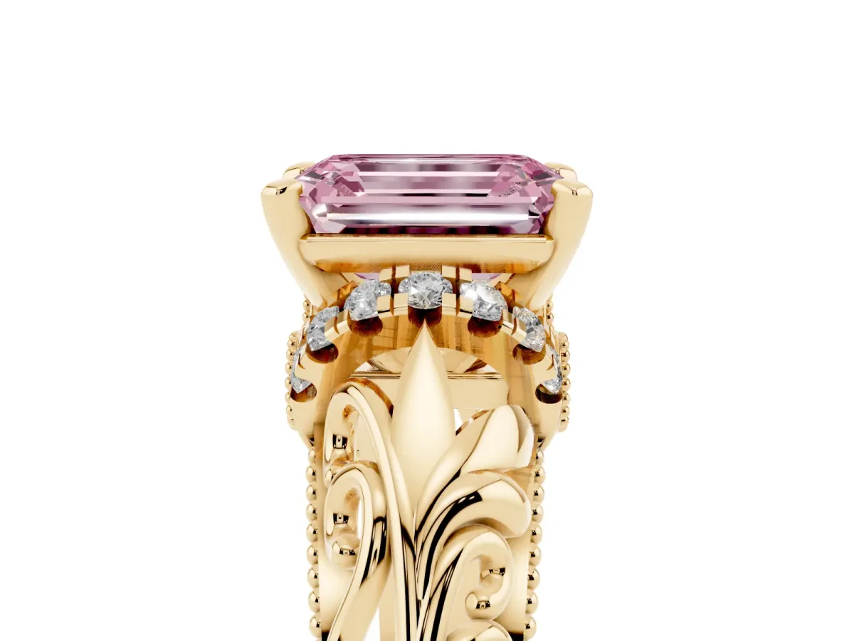 Fancy Pink Emerald Cut Solitaire Filigree Engagement Ring with Halo and Prong Setting Yellow gold