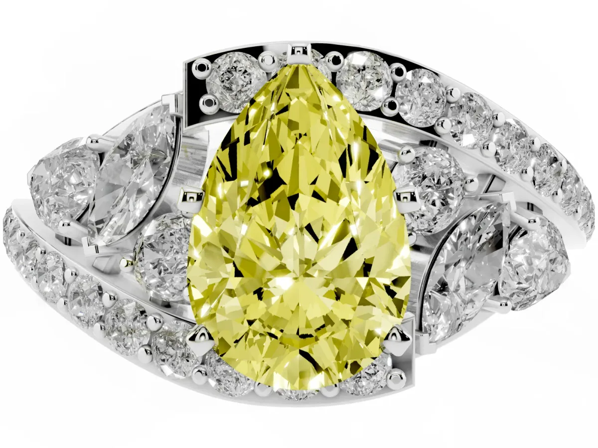 Fancy Yellow Pear Cut Diamond Halo Ring with Marquise and Pavé Band in Prong Setting Platinum