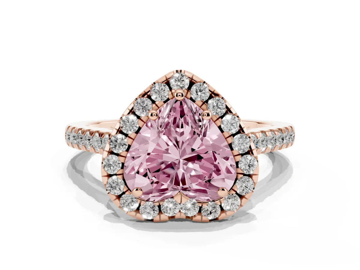 Fancy Pink Heart Cut Halo Pavé Diamond Engagement Ring with Four-Prong Setting Rose gold
