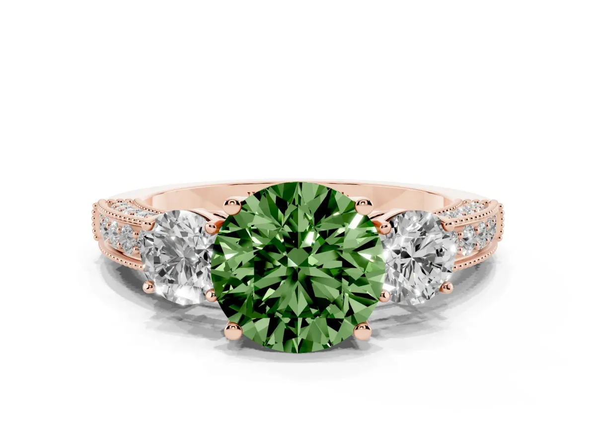 Fancy Green Round Cut Three-Stone Diamond Ring with Pavé Band and Four-Prong Setting Rose gold