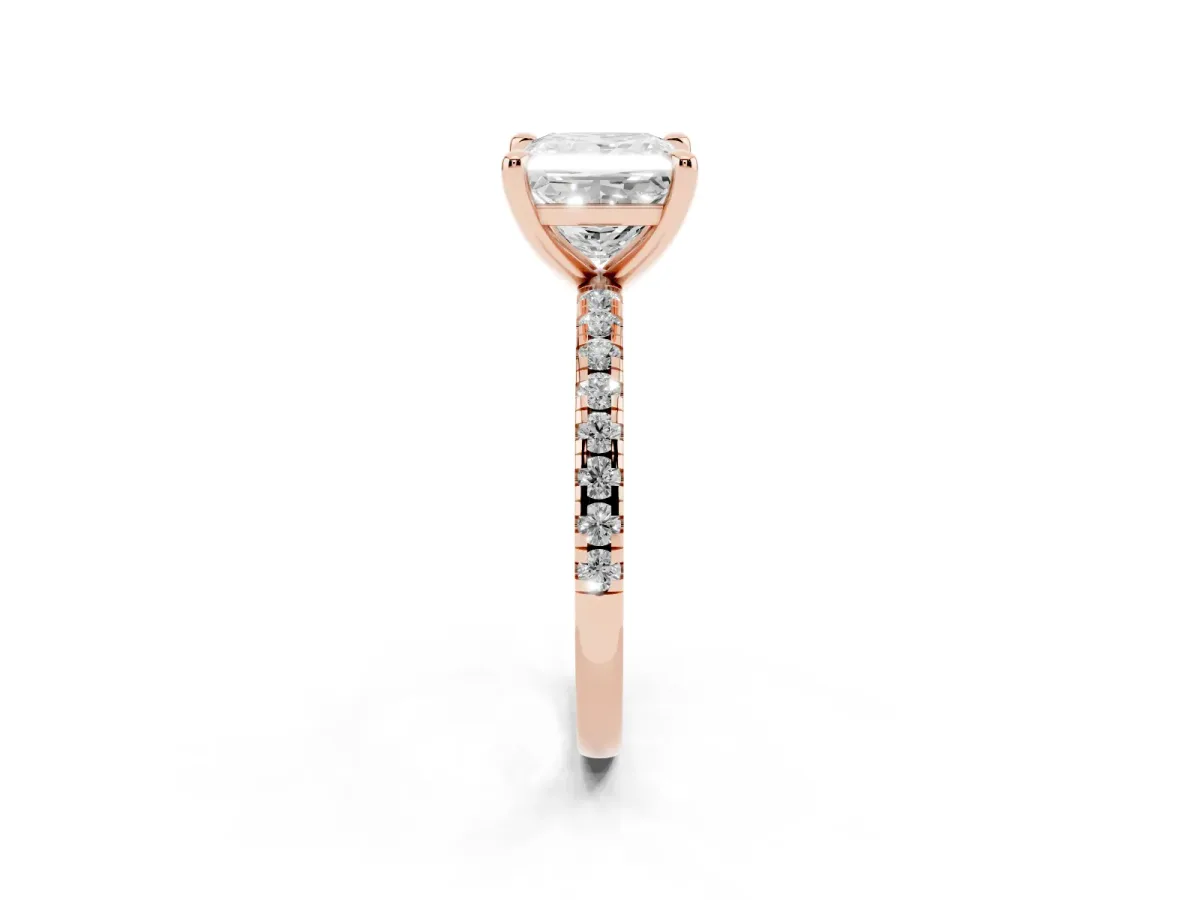 Princess Cut Diamond Brilliant Solitaire Ring with Pavé Band and Four-Prong Setting Rose gold