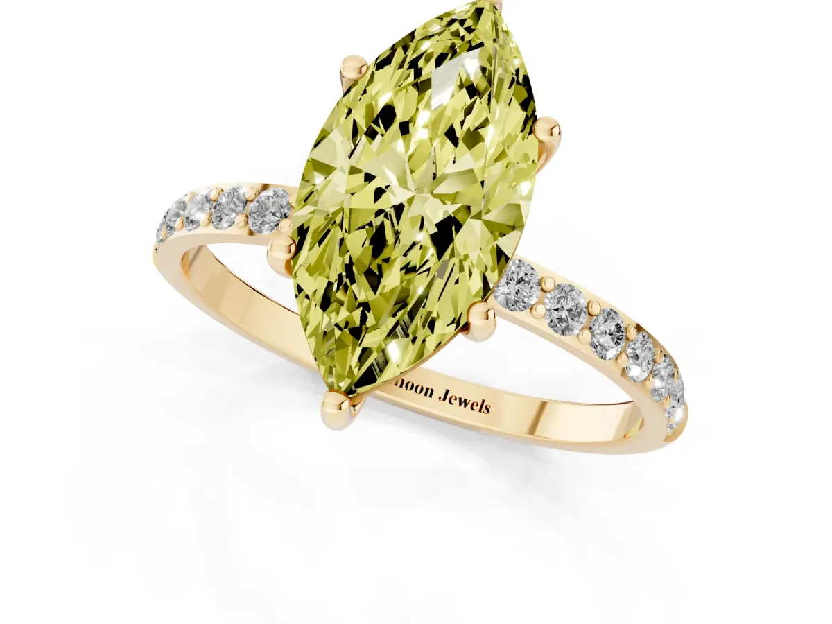 Fancy Yellow Marquise Cut Diamond Solitaire Ring with Round Pavé Shoulders and Prong Setting Yellow gold
