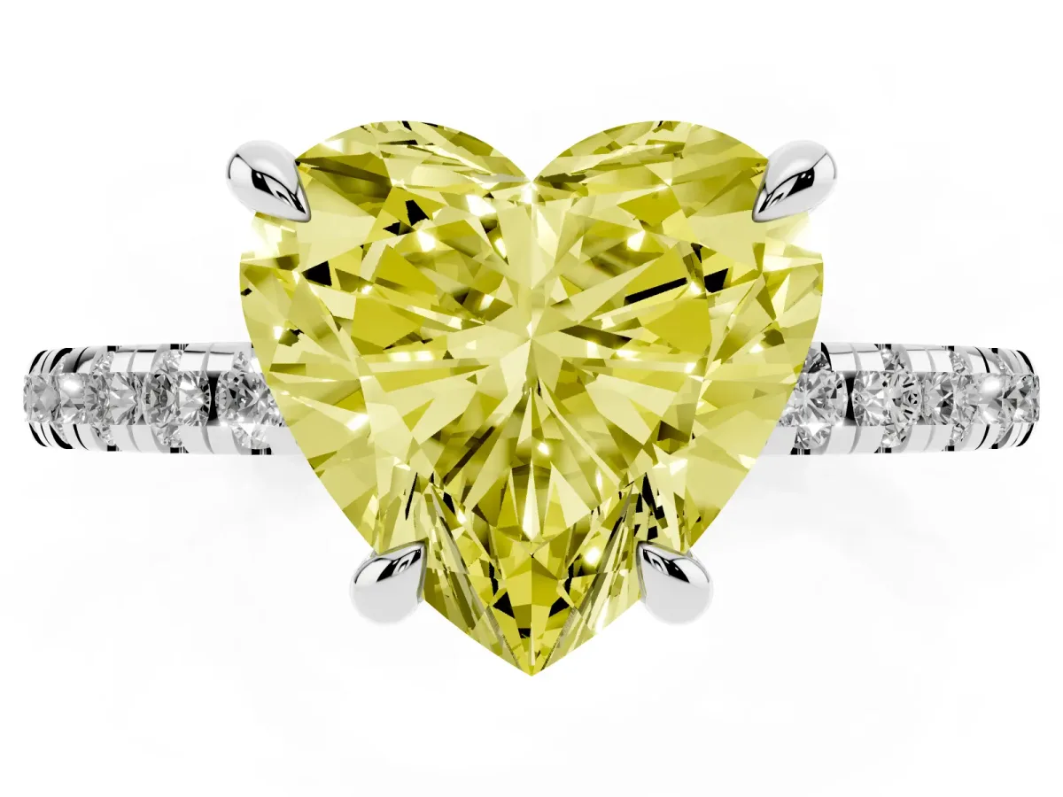 Fancy Yellow Heart Cut Diamond Brilliant Solitaire Ring with Pavé Band and Four-Prong Setting Platinum