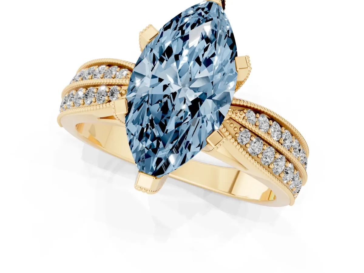 Fancy Blue Marquise Cut Diamond Solitaire Ring with Milgrain Round Pavé Band and Prong Setting Yellow gold