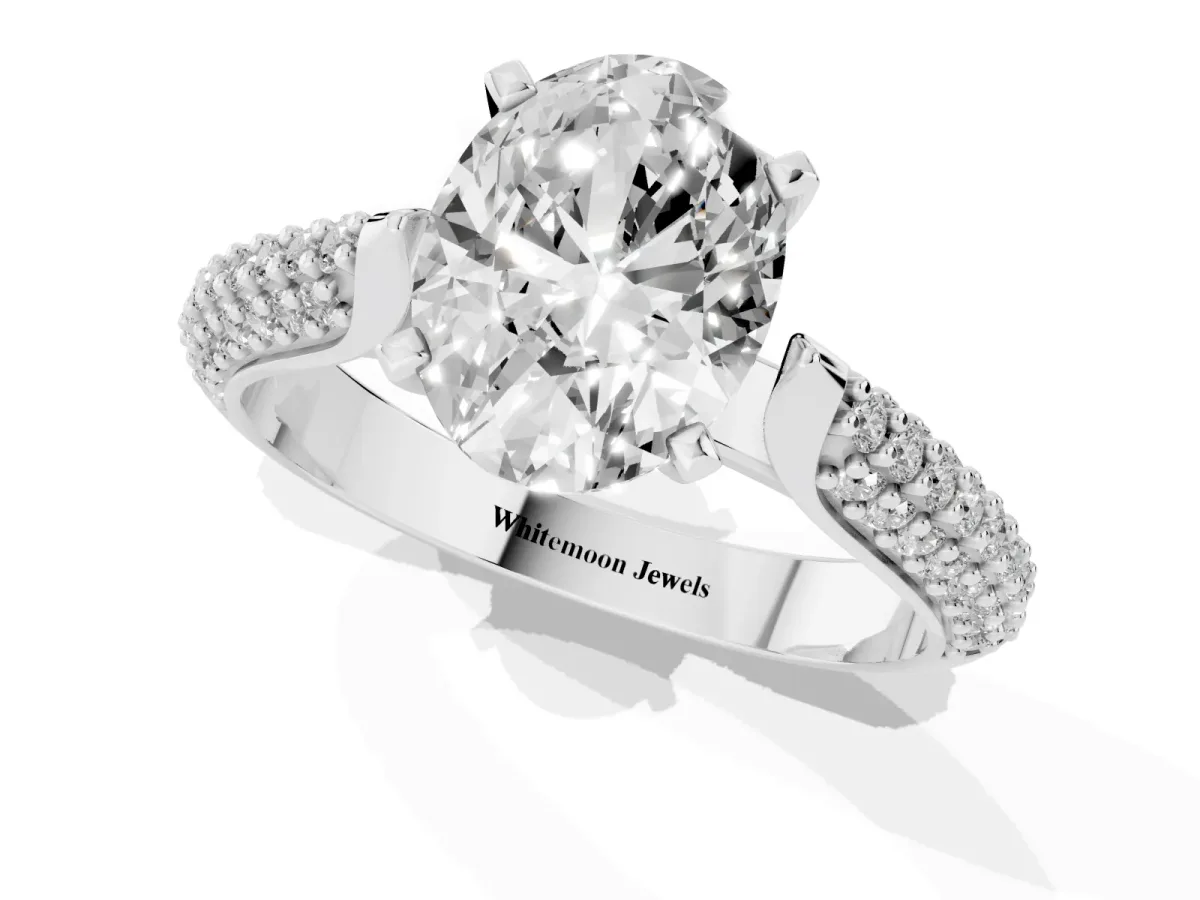 Oval Cut Diamond Solitaire Engagement Ring with Multi-Row Round Pavé Band and Prong Setting Silver