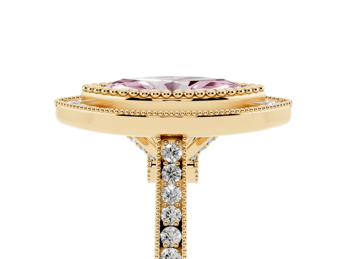 Fancy Pink Marquise Cut Diamond Halo Ring with Milgrain Frame and Pavé Band Yellow gold
