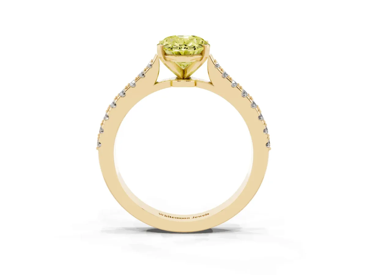 Fancy Yellow Oval Cut Cut Solitaire Diamond Engagement Ring with Pave Band and Four-Prong Setting Yellow gold