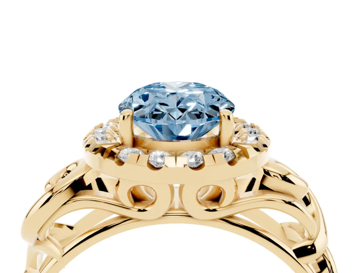 Fancy Blue Oval Cut Cut Halo Diamond Ring with Scrollwork Band and Four-Prong Setting Yellow gold