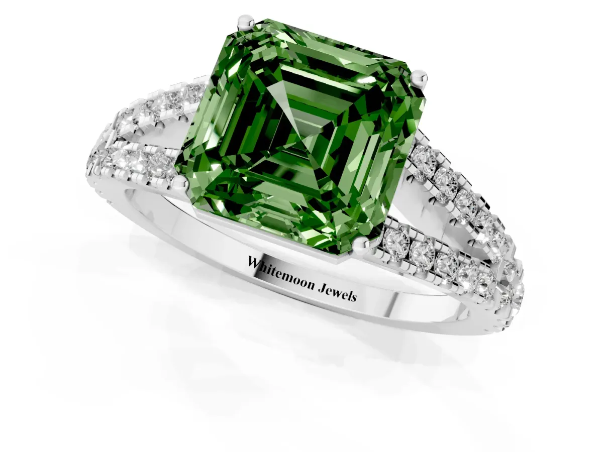 Fancy Green Asscher Cut Diamond Split Shank Pavé Engagement Ring with Four-Prong Setting Platinum