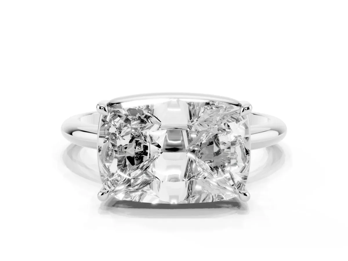 Old Mine Elongated Cushion Diamond East-West Bezel Set Four Claw Solitaire Ring Silver