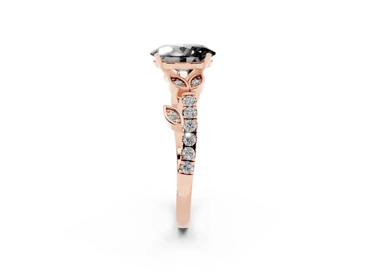 Fancy Black Oval Cut Solitaire Leaf-Inspired Diamond Ring with Pavé Band and Four-Prong Setting Rose gold