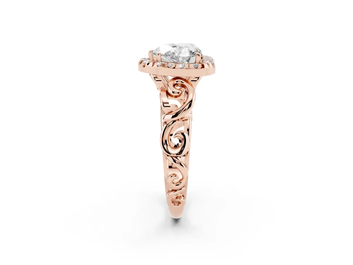 Heart Cut Cut Halo Diamond Ring with Scrollwork Band and Four-Prong Setting Rose gold