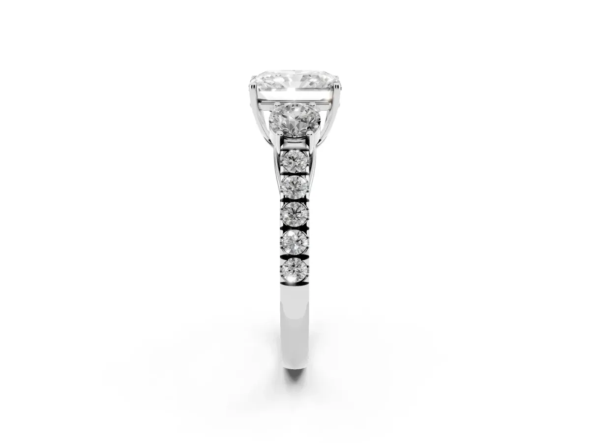 Radiant Cut Cut Diamond Three-Stone Ring with Round Side Stones and Pavé Band Silver