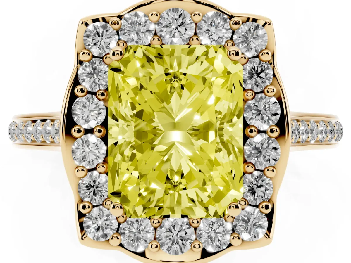 Fancy Yellow Radiant Cut Halo Round Diamond Pave Band with Four-Prong Setting Yellow gold