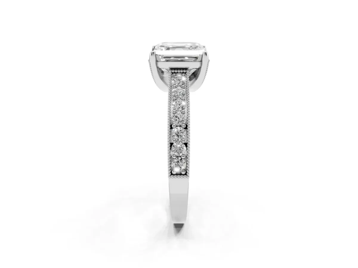 Asscher Cut Cut Diamond Solitaire Ring with Milgrain Pave Band and Four Prong Setting White gold